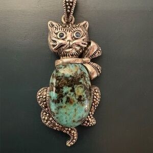 925 Sterling Silver Genuine Marcasite Turquois Kitten Pendant Necklace